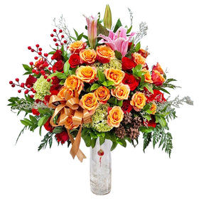 Arrangement Of Lilies Red Roses Cherry Brandy Rose in Vase