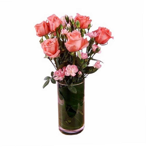 6 Pink Roses And Pink Carnation in Vase
