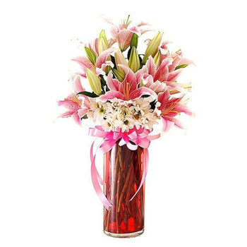 Pink Lilies With White Daisies in Vase