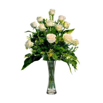 12 White Roses in Vase