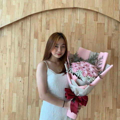 Majestic Pink Roses with Baby Breath Bouquet