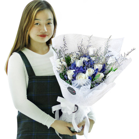 White Rose and Blue Hydrangea Bouquet