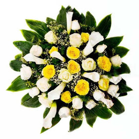 Funeral Arrangement Of White Calla Lilies White And Yellow Roses